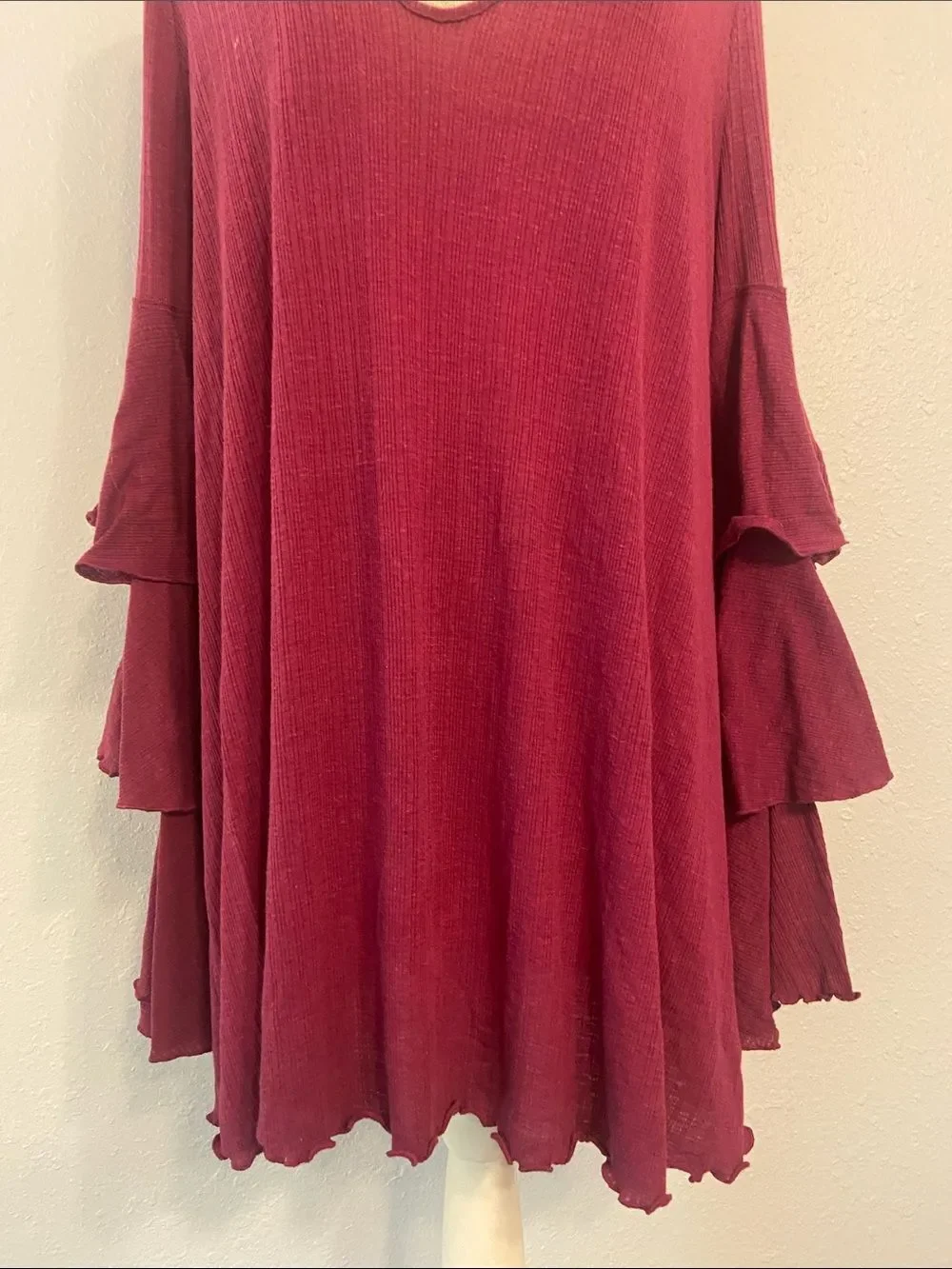 Free People Beach Burgundy Ruffled Long Sleeve Mini Dress Size Medium